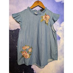 Chambray Ruffle Sleeve Denim Top Floral Embroidery Size Medium Cottagecore Boho